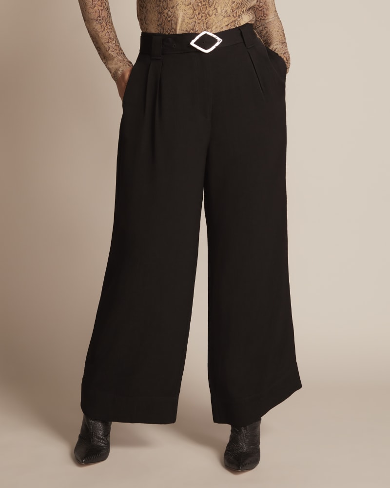 Front of a model wearing a size 44 Tessa Jacquard Wide Pant in BLACK by GANNI. | dia_product_style_image_id:246205